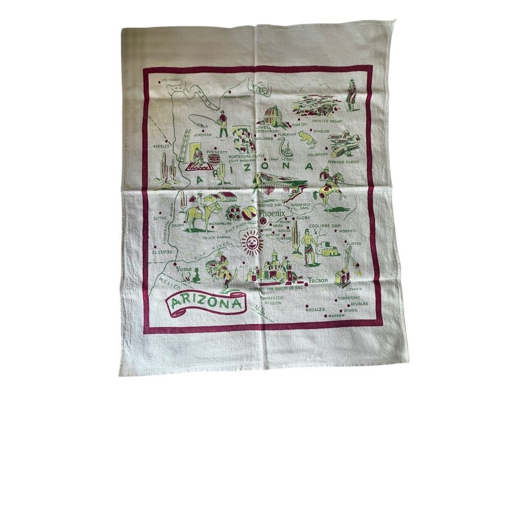Vintage Arizona Map Tablecloth 39"x30" Cotton Linen Blend Southwest Decor Collec